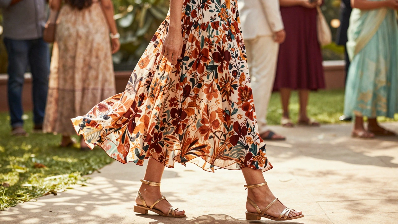 Woman wearing ankle-grazing maxi dress with visible gold sandals outdoors