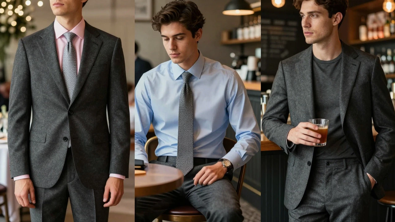 Charcoal suit styled for wedding, business, and casual events