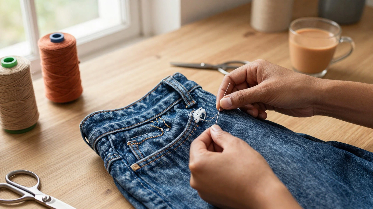 Close-up of hands repairing denim with colorful patchwork stitching