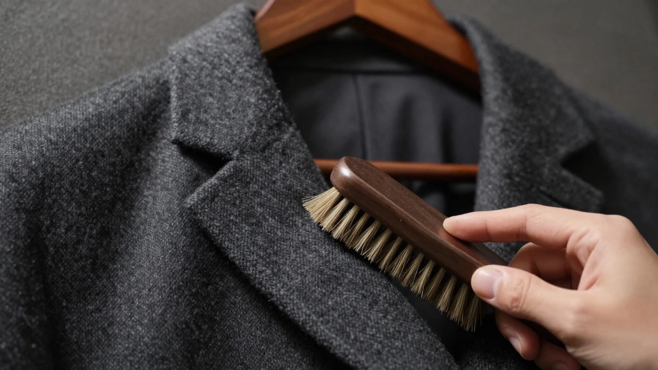 Close-up of textured charcoal wool fabric being brushed clean
