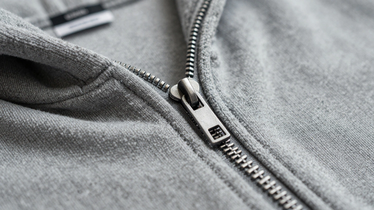 Close-up of zipper and fabric texture on grey hoodie