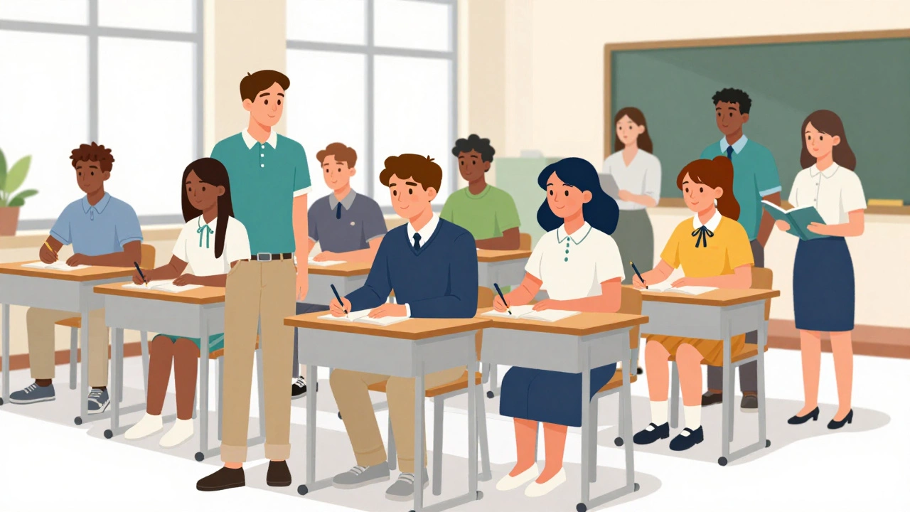 Diverse modern students in casual uniforms studying together in class