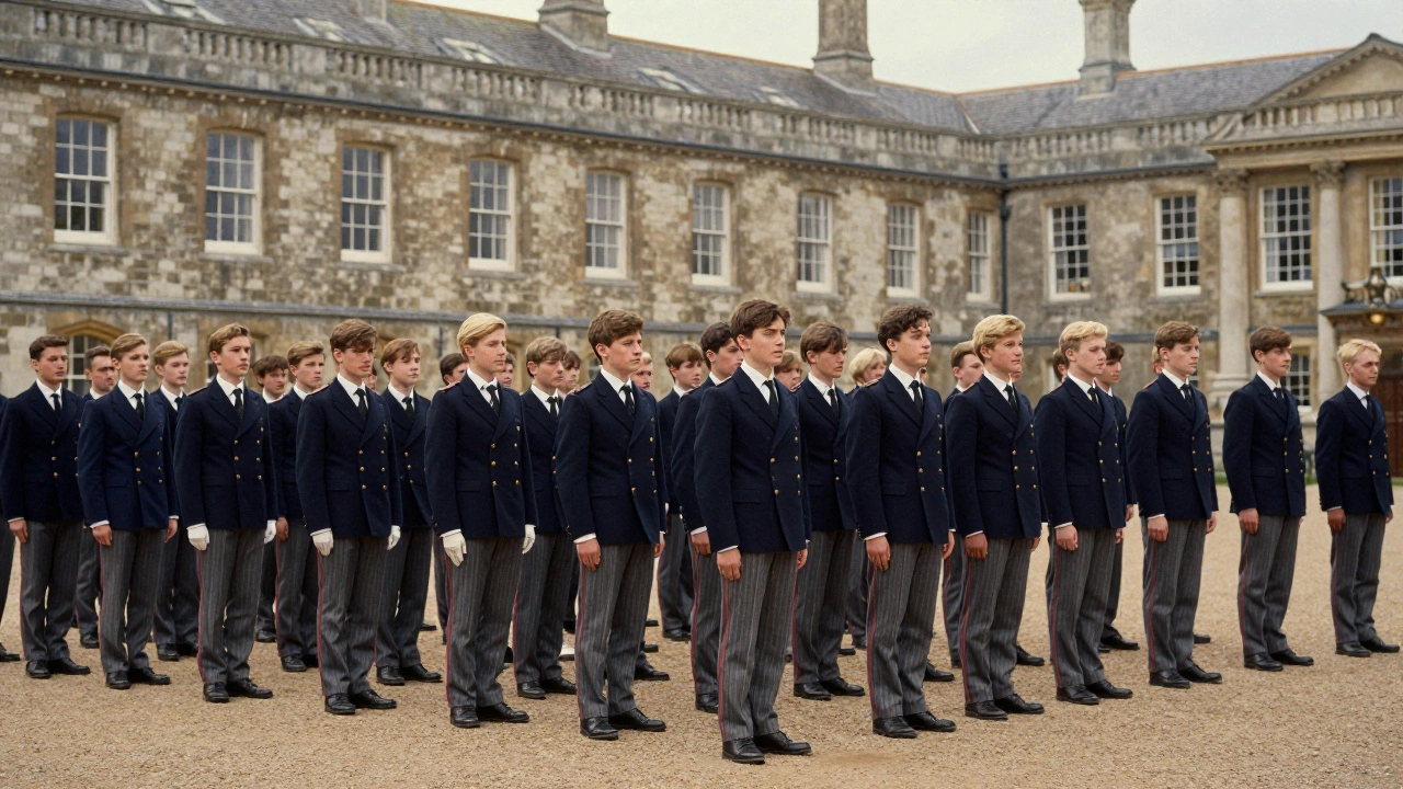 Elite British schoolboys in military-style uniforms standing at attention