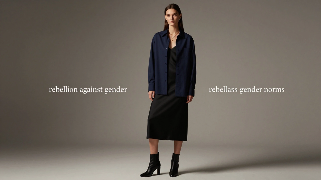 Fashion model styling men's shirt over dress with heels