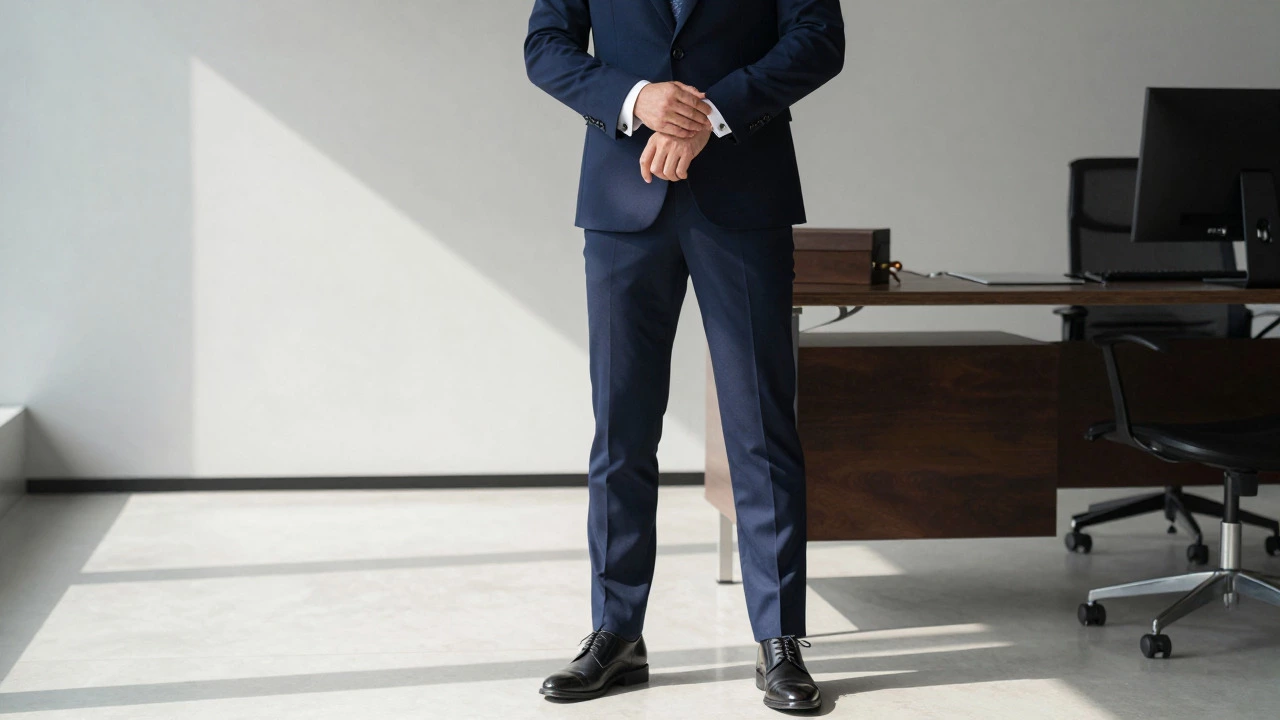 Man in perfect navy bespoke suit adjusting cufflinks in office