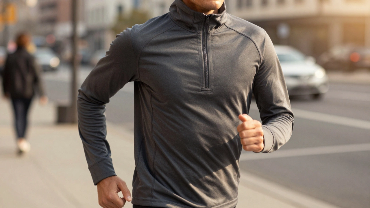 Person wearing charcoal quarter-zip hoodie walking outdoors