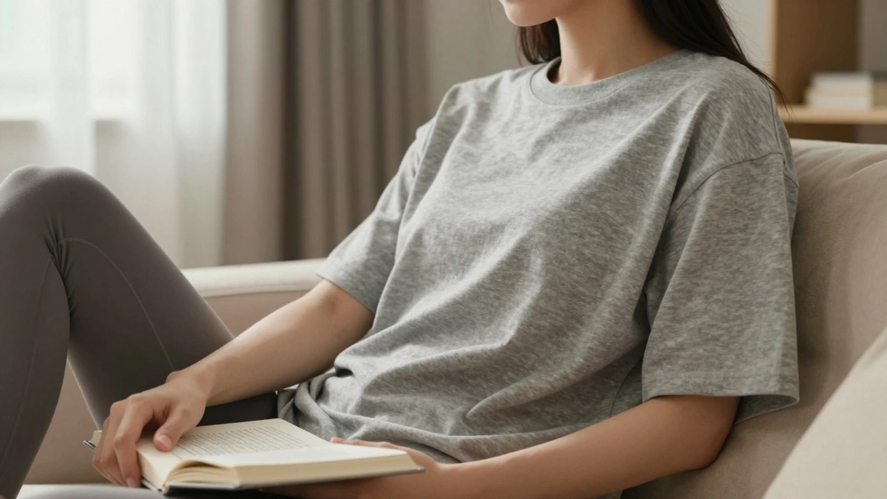 Relaxed woman in loose grey tee reading in cozy room