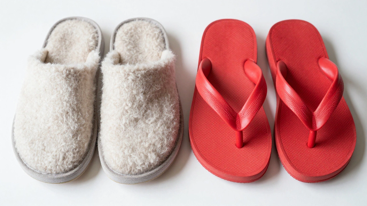 Side-by-side comparison of fuzzy indoor slippers and rubber thongs on white background
