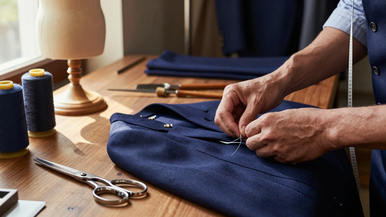Tailor's hands crafting a bespoke suit with wool and tools