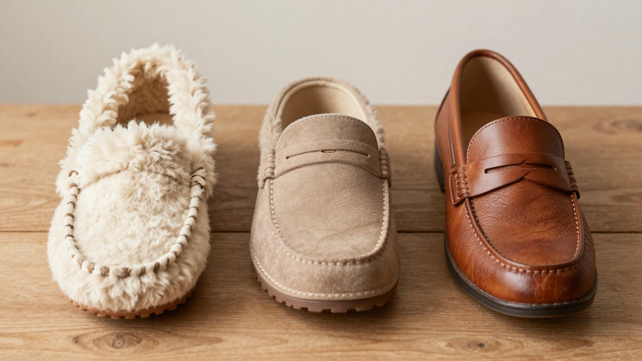 Three types of indoor slippers on a wooden table