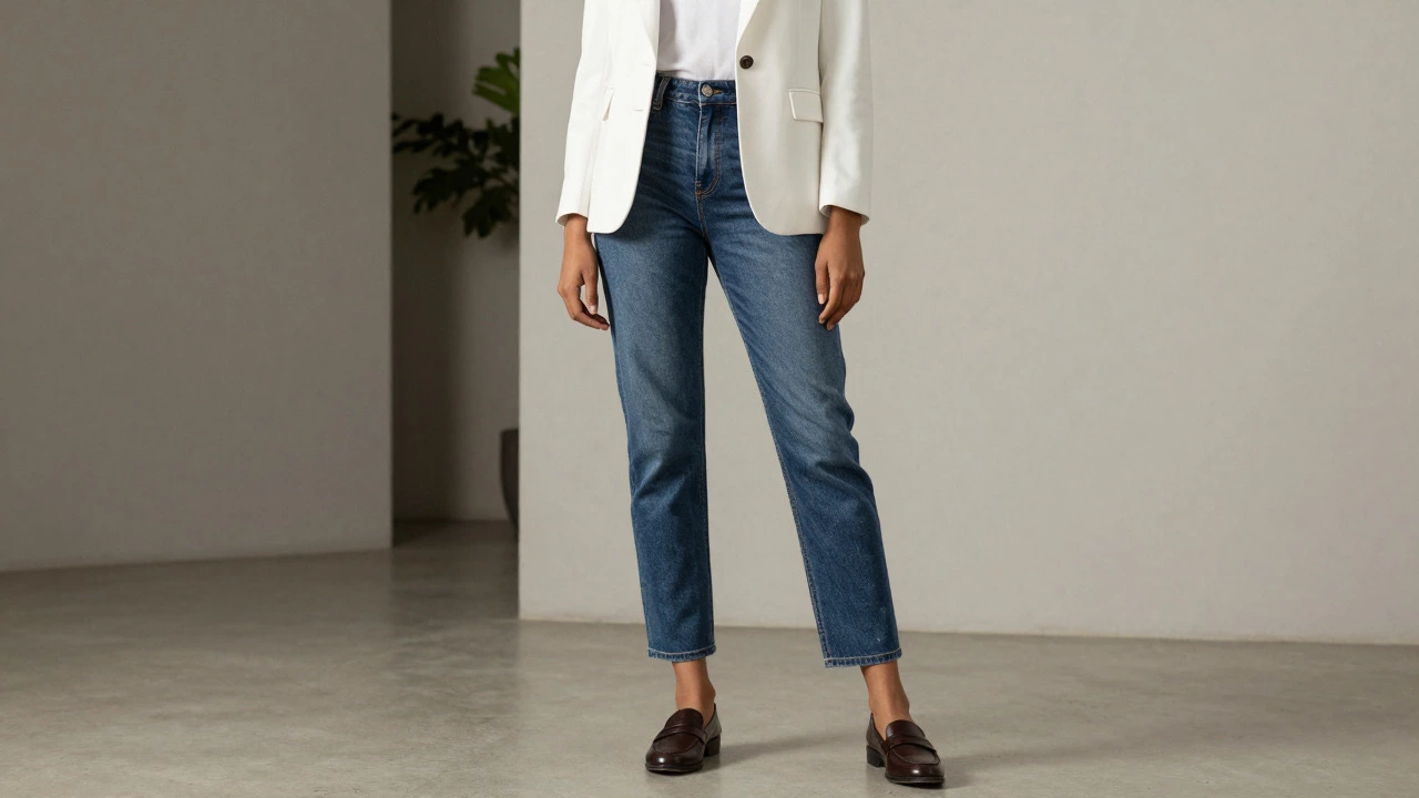 Woman styling dark washed jeans with a blazer and loafers