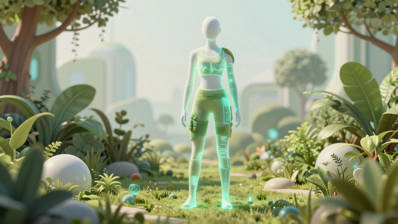 Artistic concept of a person wearing glowing, plant-integrated smart textiles in a futuristic garden