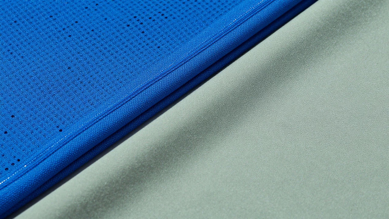 Close-up comparison of shiny synthetic sportswear fabric and soft modal athleisure material