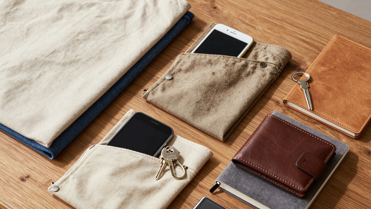 Close up of durable jacket fabrics and pocket contents on a table