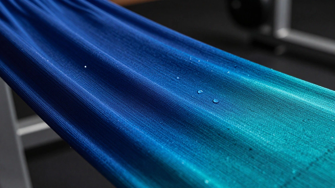 Close-up of stretchy blue technical sportswear fabric showing water droplets beading on the surface
