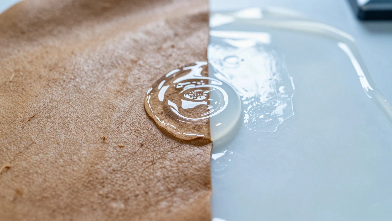 Conceptual image comparing raw leather texture with smooth patent coating application