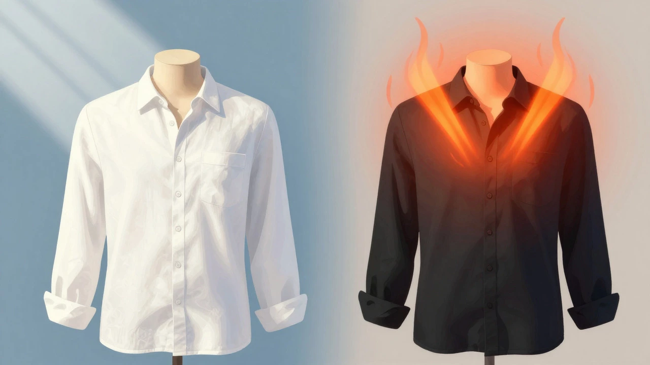 Illustration showing white clothes reflecting heat vs black absorbing it