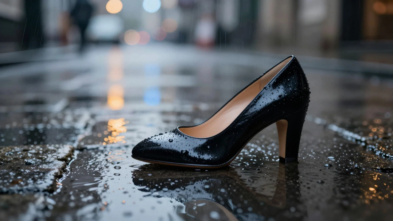 Patent leather pump on wet cobblestones with raindrops beading on the glossy surface