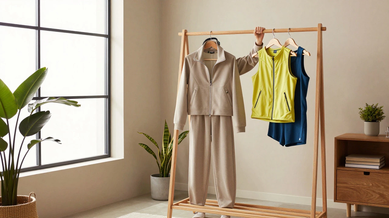 Person organizing a mix of stylish athleisure jackets and technical running gear in a home