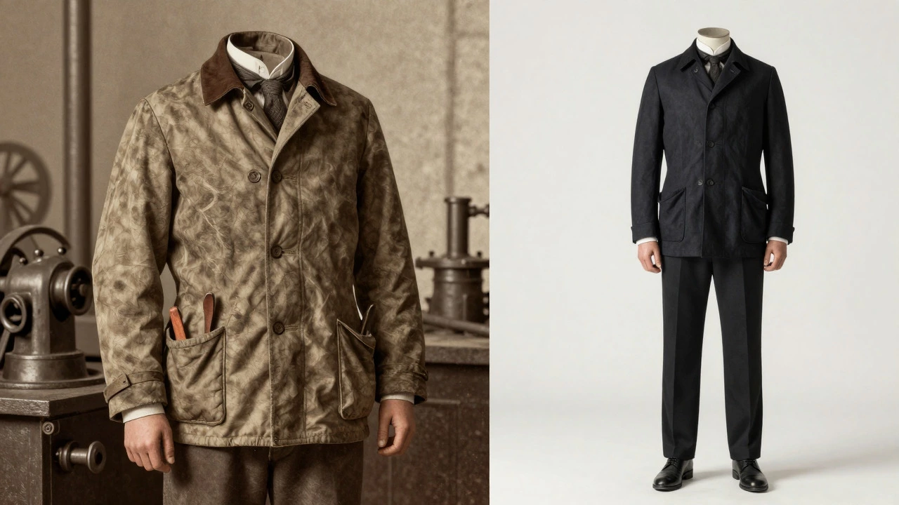 Split image comparing vintage workwear origins with modern fashion style