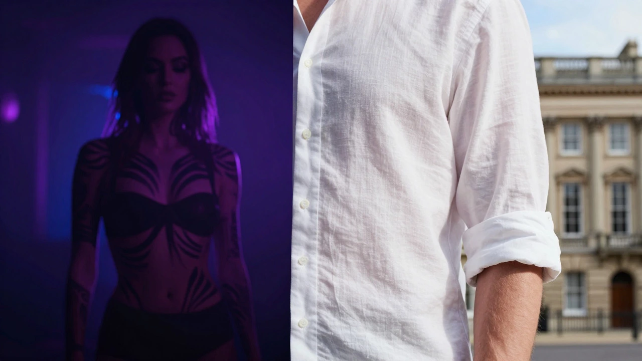 Split image contrasting shadowy Hollywood vibes with bright royal simplicity.
