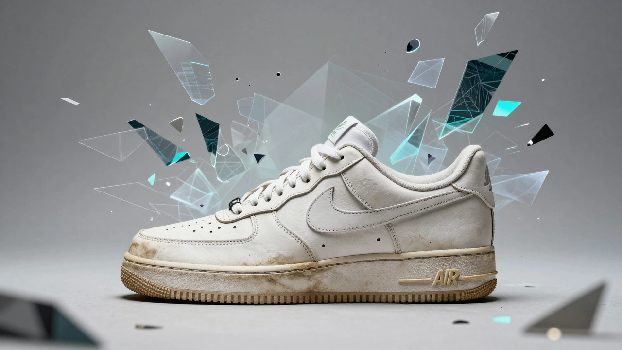 Weathered white Nike Air Force 1 surrounded by abstract digital fragments