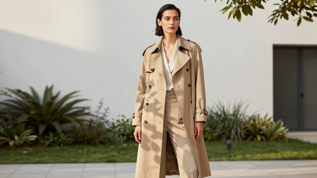 Woman in a trench coat in sunlight, showing fashion as self-expression.