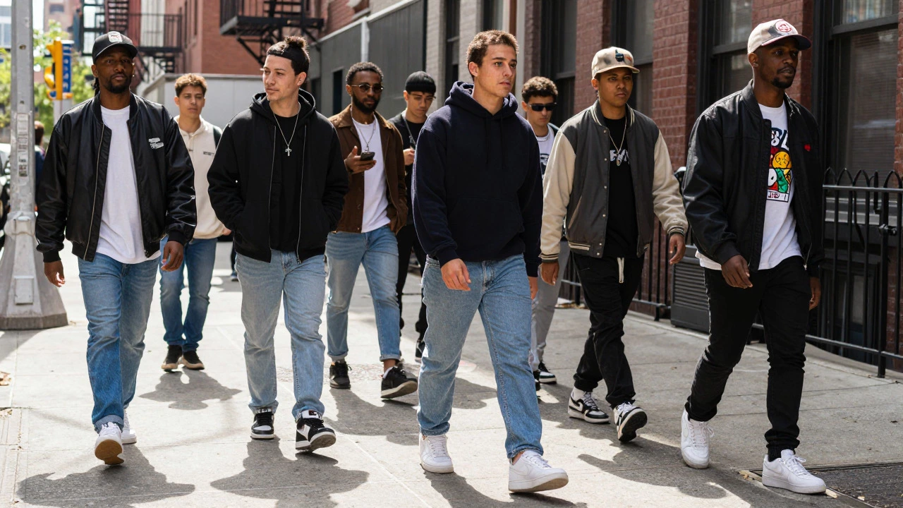 Young people in streetwear wearing various Nike Air Force 1 sneakers in a city