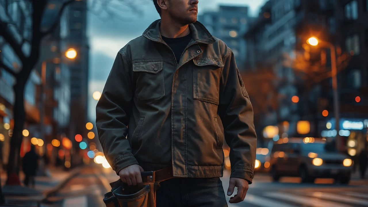Construction worker wearing a green work jacket on a city street at dusk with blurred lights.
