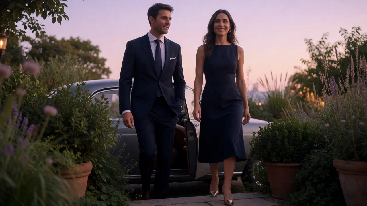 Couple in suit and cocktail dress arriving at a twilight rooftop event