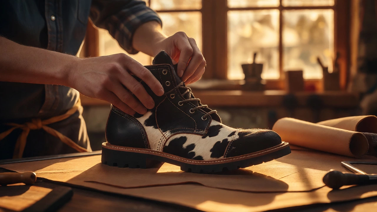 Craftsman stitching a cow leather upper onto a soft pig leather lining in a workshop.