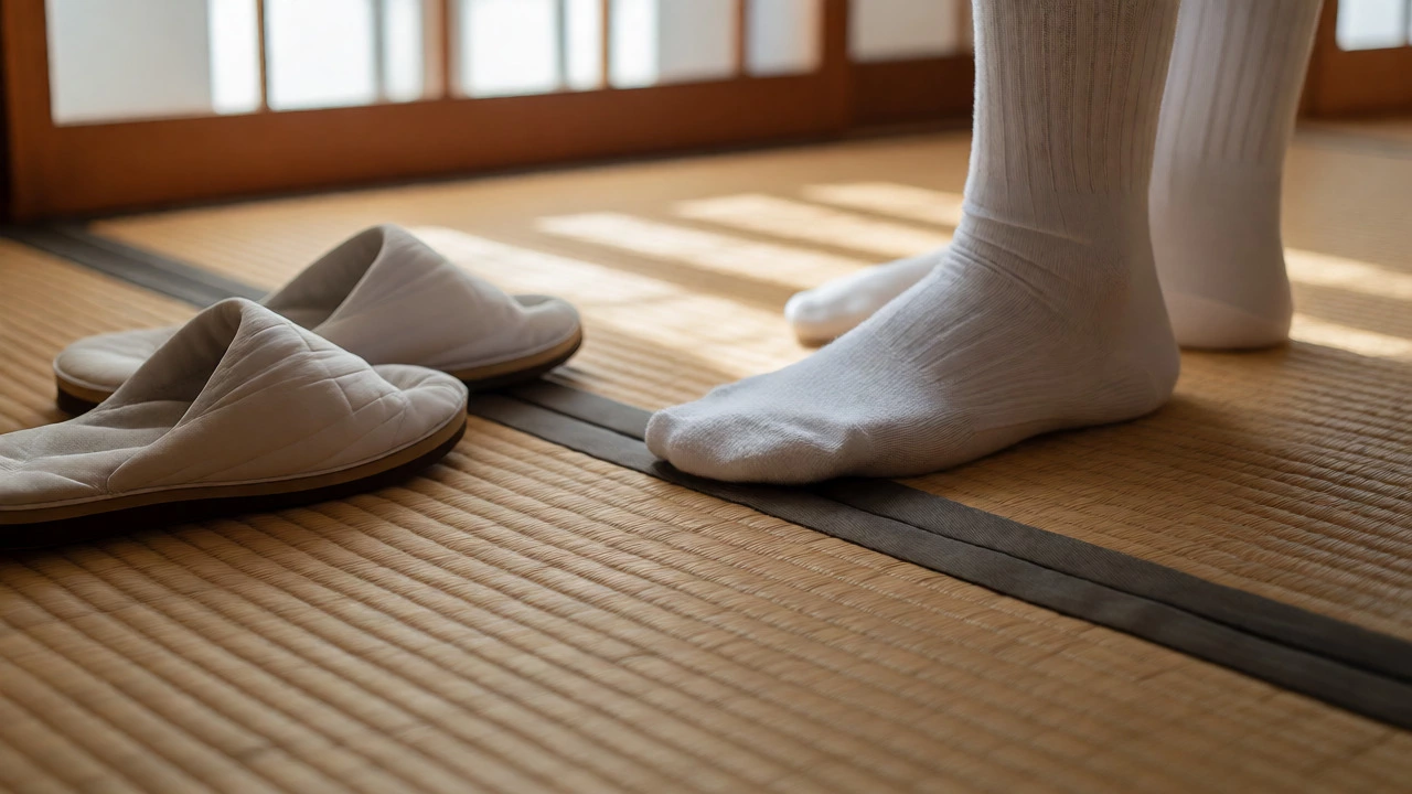 Feet in socks stepping onto a tatami mat next to removed slippers to protect the flooring.