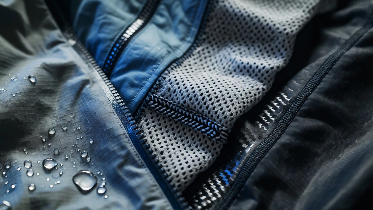 Macro close-up of technical sports apparel fabrics showing water resistance and mesh breathability.