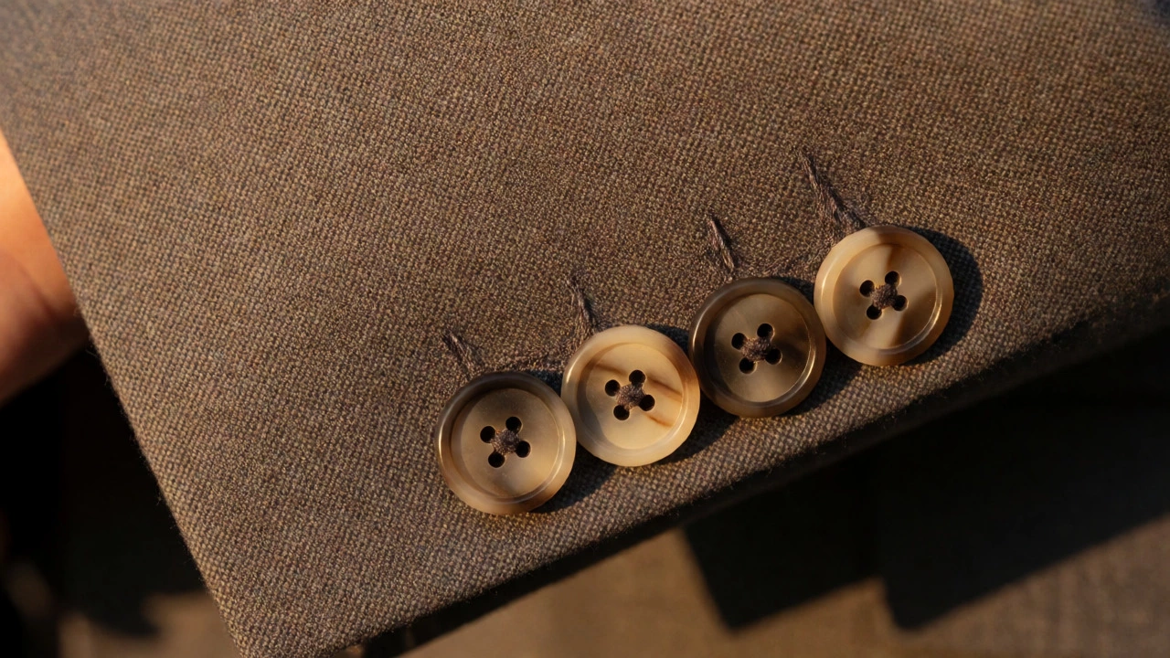 Macro shot of suit cuff with functional surgeon's buttons and natural corozo texture