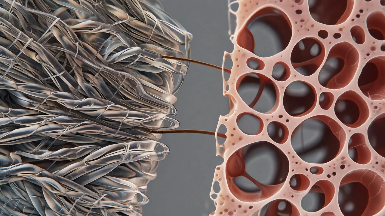 Macro view comparing dense cow leather fibers with the porous structure of pig skin.