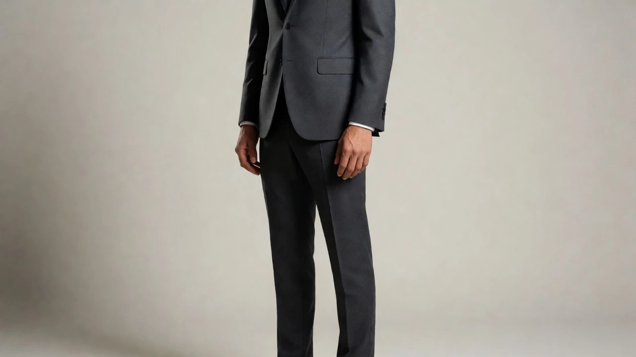 Man in fitted charcoal suit showing perfect shoulder alignment and clean trouser break