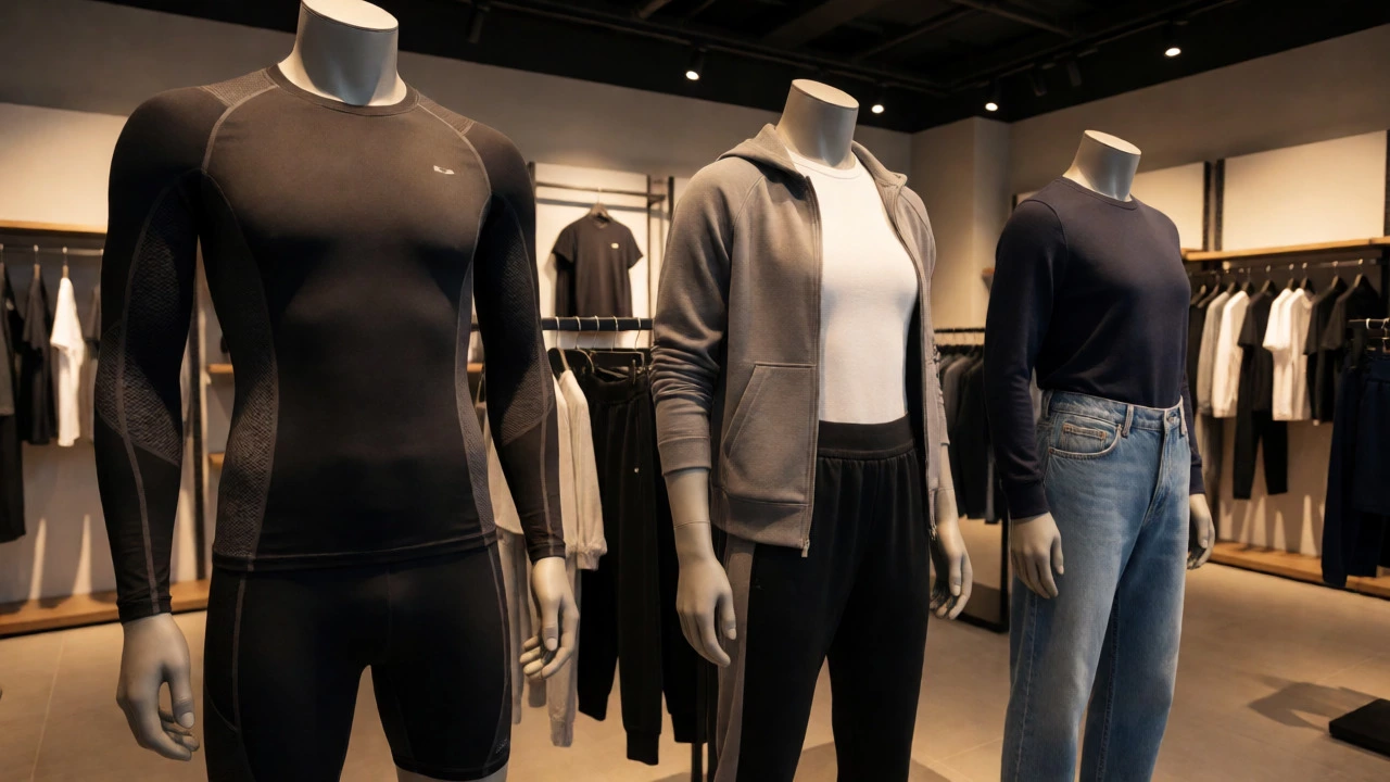Mannequins displaying sportswear, athleisure, and casual outfits