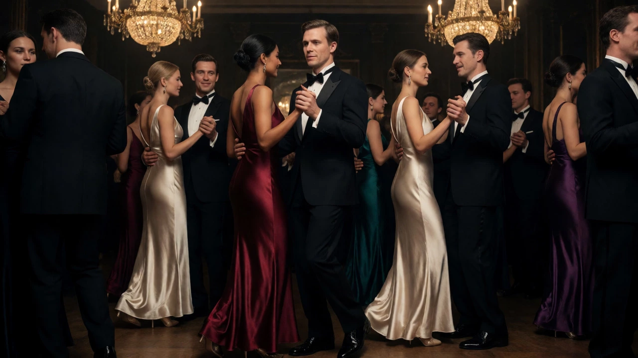 Men in tuxedos and women in gowns dancing in a lit ballroom