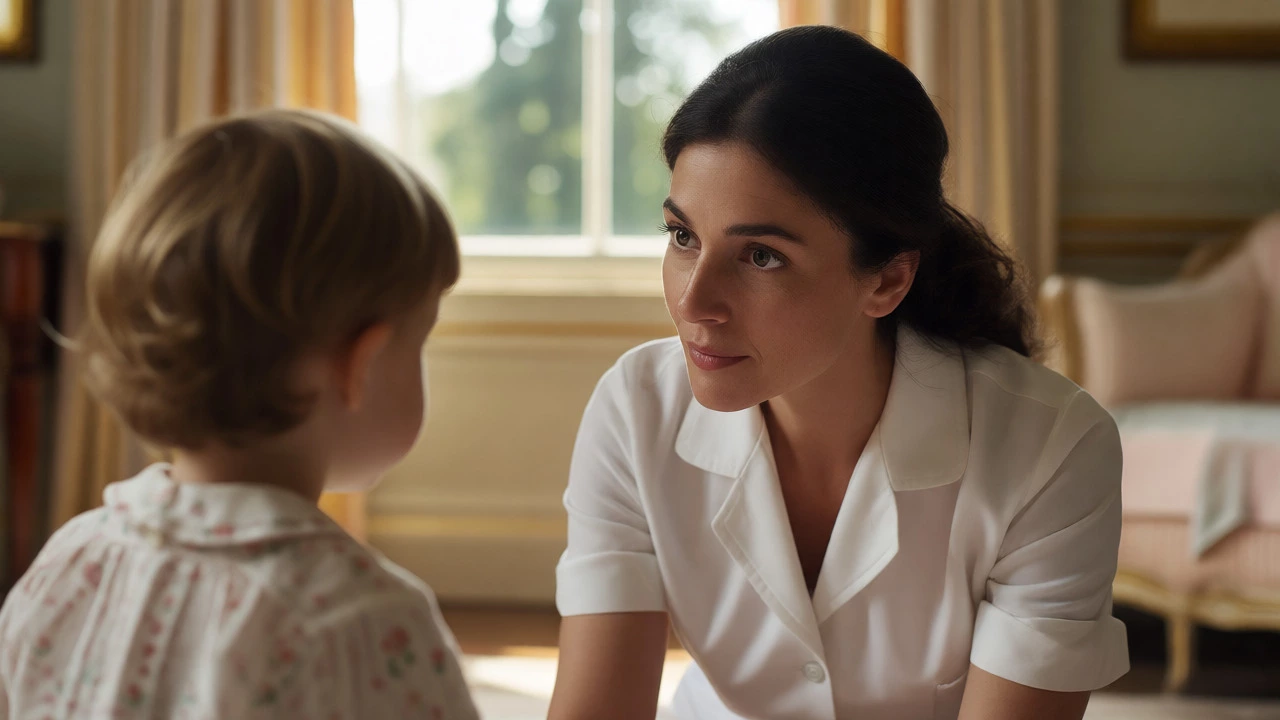 Norland-trained nanny interacting warmly with a royal child in a sunlit nursery