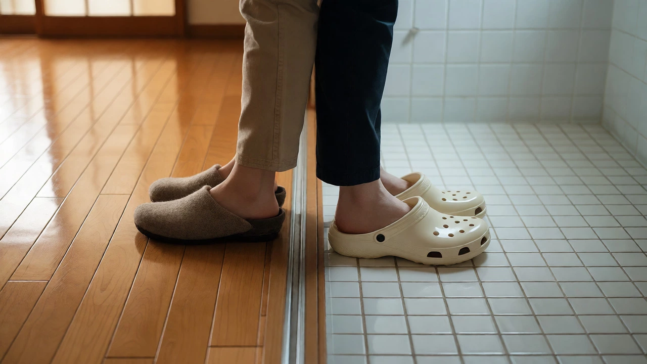 Split view comparing living room wool slippers with bathroom plastic clogs for hygiene zoning.
