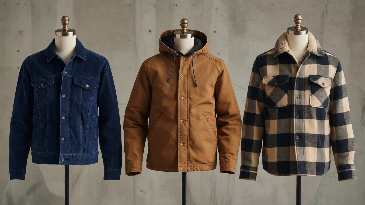 Three different workwear jackets displayed side-by-side comparing corduroy, twill, and wool fabrics.