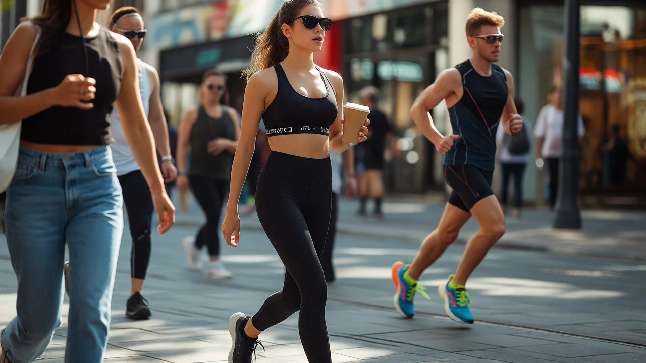 Woman in athleisure walking in the city while a runner in activewear passes by in the background.