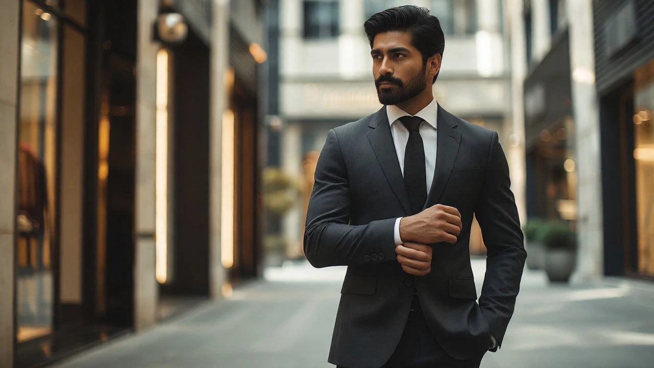 Confident man in a well-fitted charcoal suit adjusting his cuff in an urban setting.