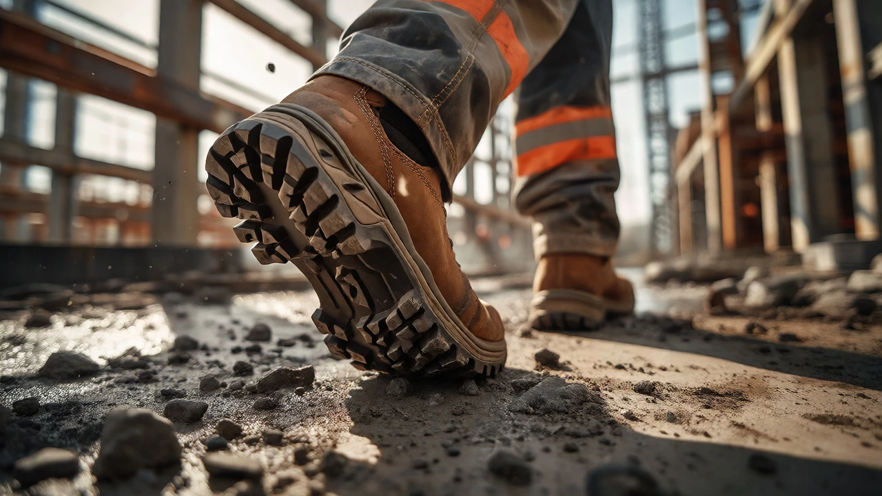 Construction worker in flexible safety boots on site