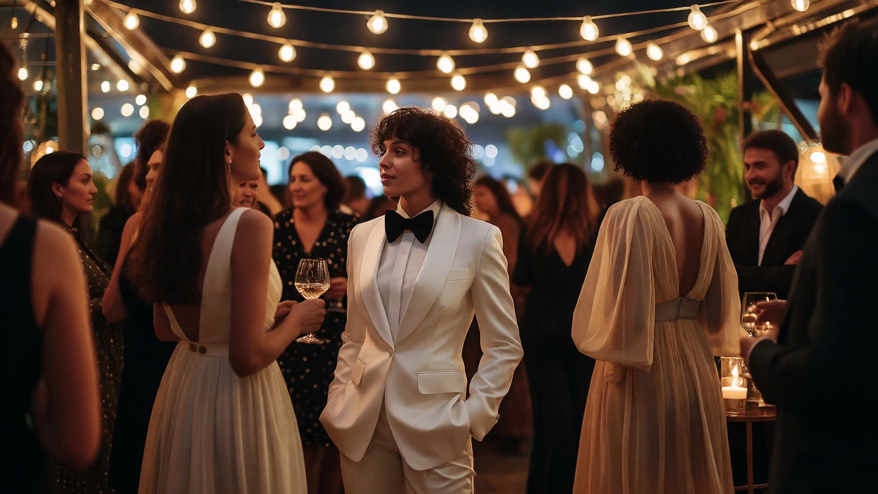 Diverse guests in formal wear, including a woman in a tuxedo suit, at a night event