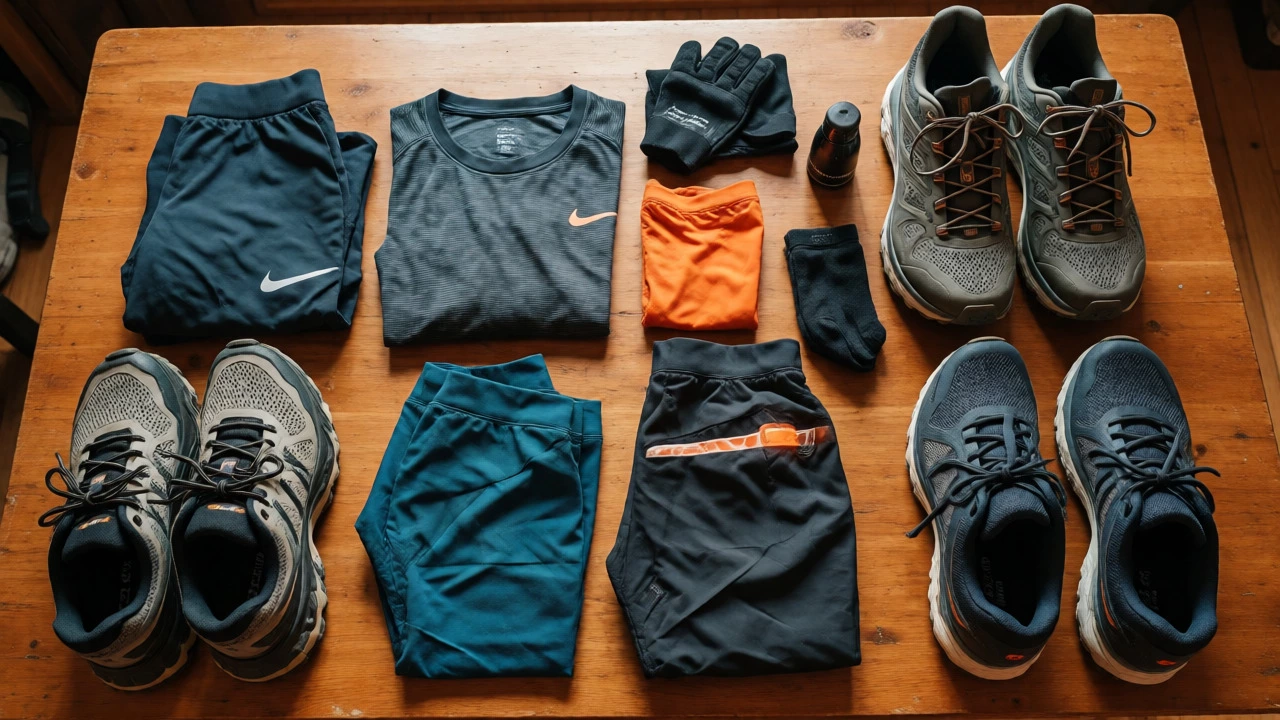 Flat lay of folded athletic clothes and various sports shoes packed for travel.