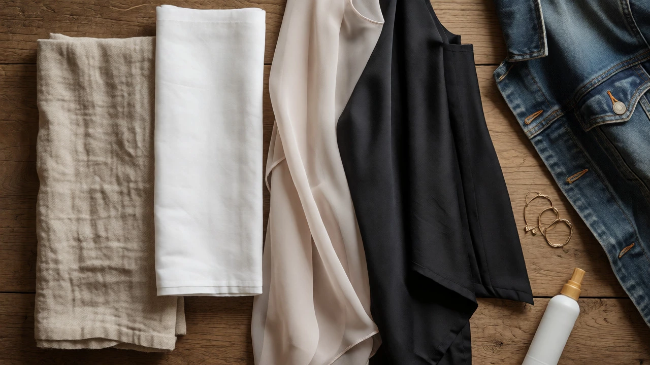 Flat lay of linen, cotton, and rayon fabrics with summer accessories