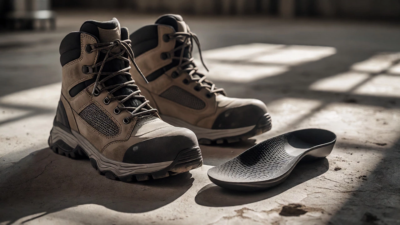 Industrial work boots next to an orthotic insole on a concrete surface