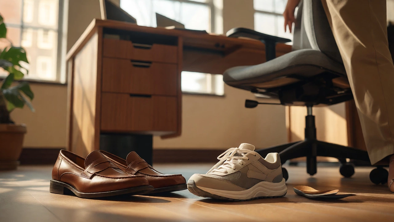 Office loafers and sneakers under a desk