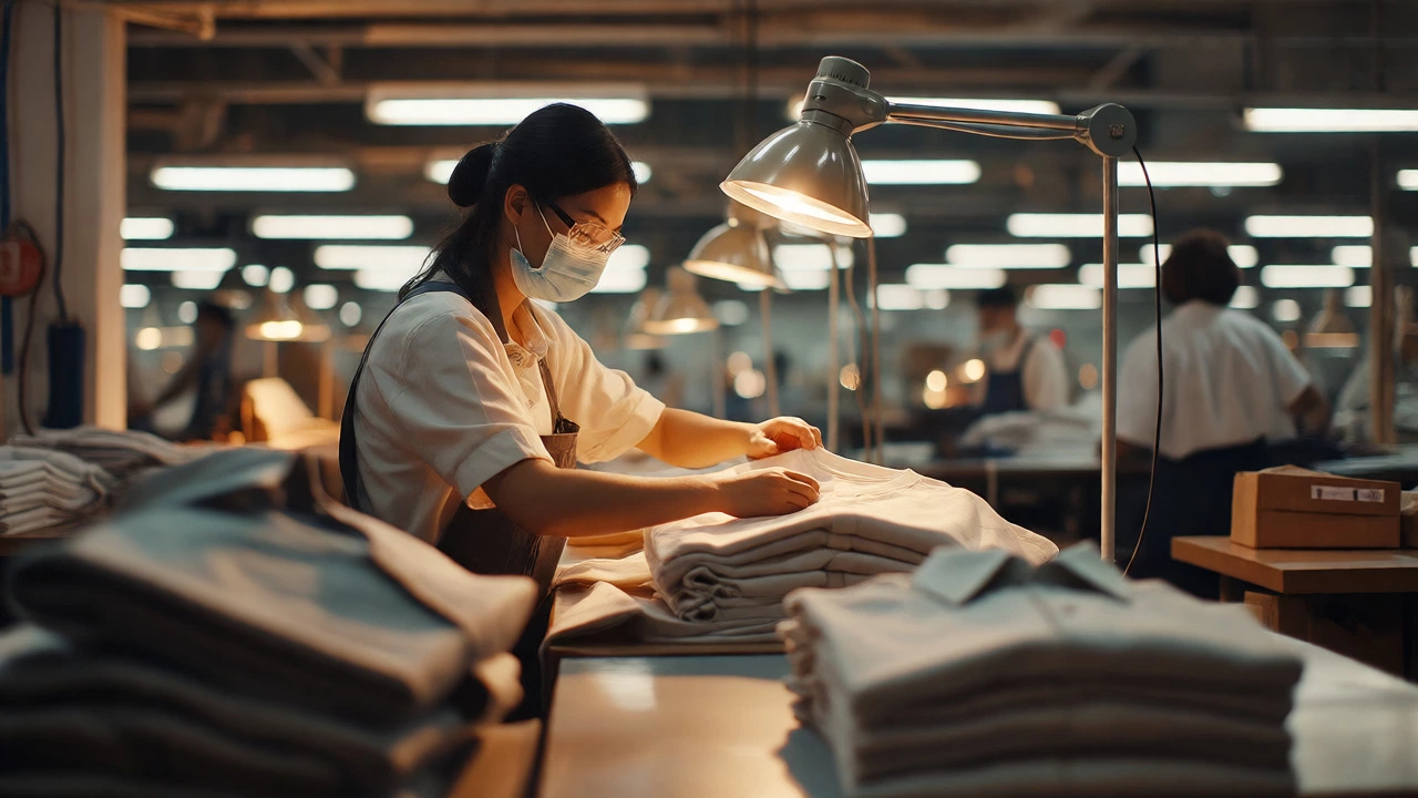 Seamstress inspecting a premium t-shirt neckline in a modern garment factory